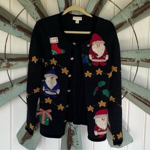 Northern Isle Christmas Cardigan Sweater Santa Stars Black - Size Medium